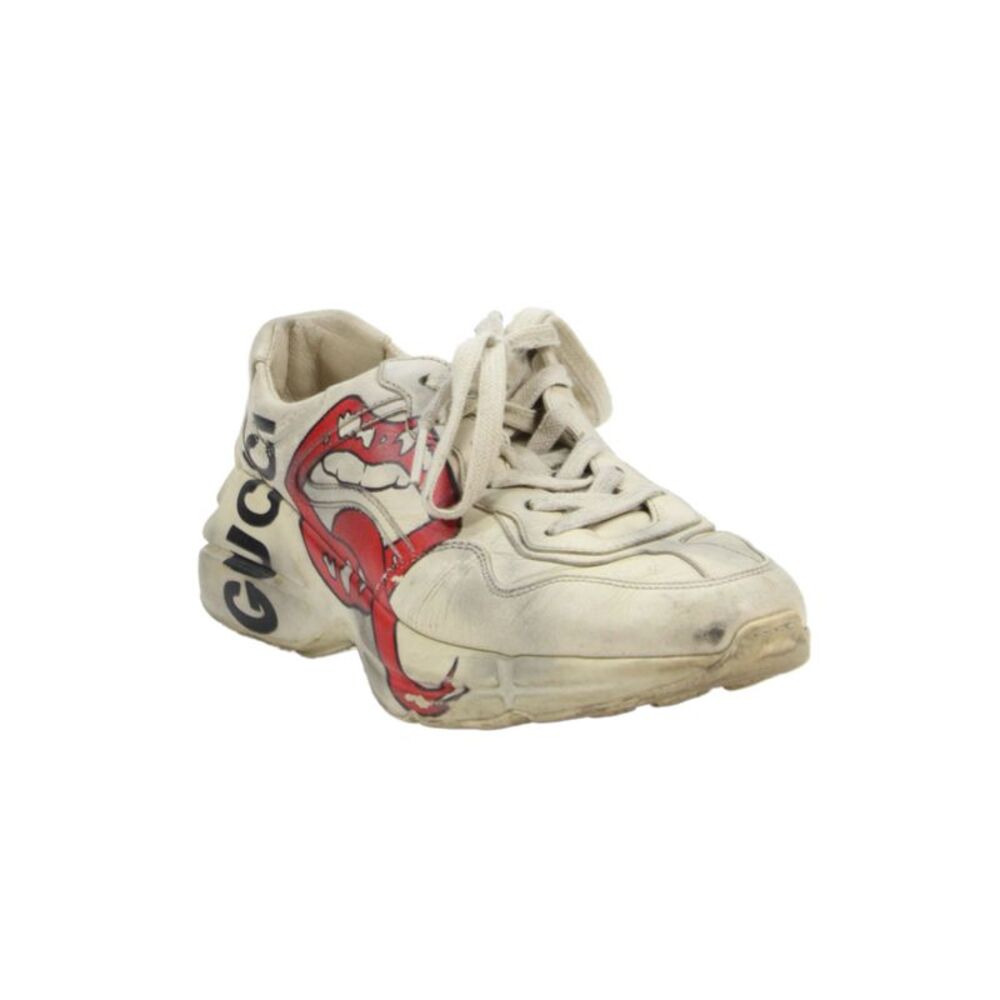 Gucci Womens Lace Up Leather Logo Rhyton Mouth Sneakers White Red Size 37.5